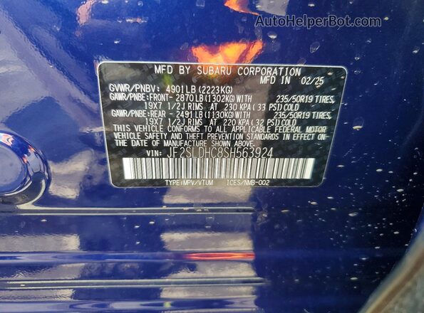 JF2SLDHC8SH563924 2025 SUBARU FORESTER Blue VIN կոդի պիտակի տեսք