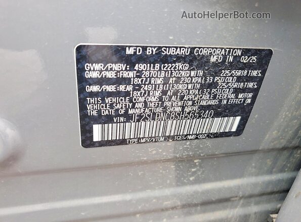 JF2SLDNC8SH565340 2025 SUBARU FORESTER Silver Vista interior de 360 grados