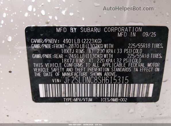 JF2SLDNC8SH615315 2025 SUBARU FORESTER White Engine compartment view