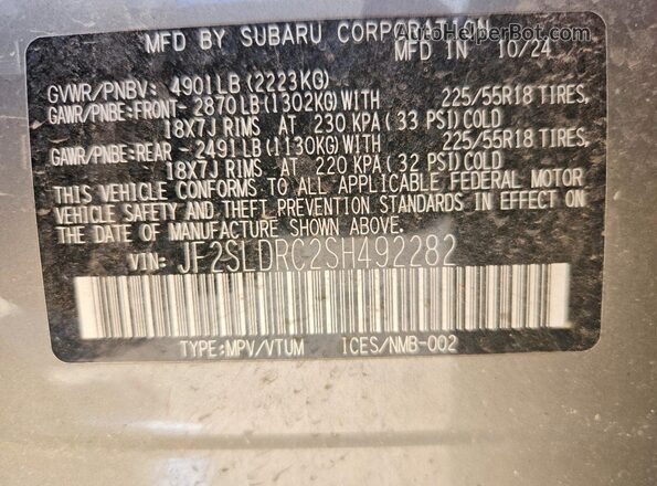 JF2SLDRC2SH492282 2025 SUBARU FORESTER Gray Вид наклейки з VIN-кодом