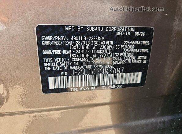JF2SLDRC3SH437047 2025 SUBARU FORESTER Gray Widok naklejki z numerem VIN