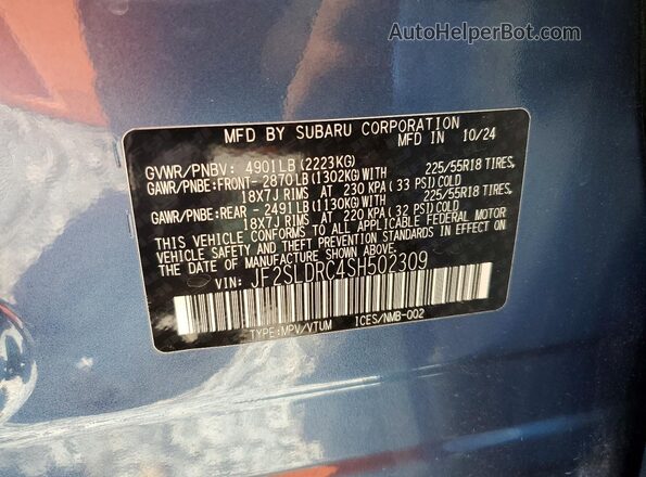 JF2SLDRC4SH502309 2025 SUBARU FORESTER Blue VIN კოდის სტიკერის ხედი