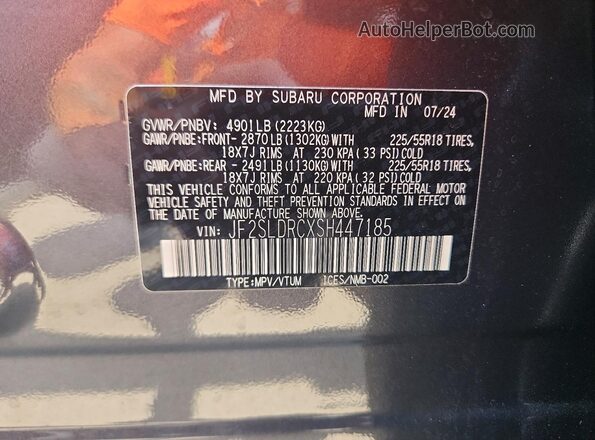 JF2SLDRCXSH447185 2025 SUBARU FORESTER Gray Vista de la etiqueta del VIN