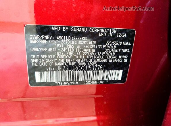 JF2SLDRCXSH537761 2025 SUBARU FORESTER Red Vista interior de 360 grados