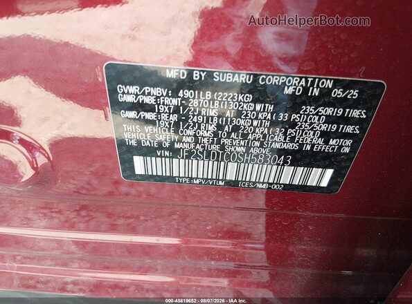 JF2SLDTC0SH583043 2025 SUBARU FORESTER Maroon Engine compartment view