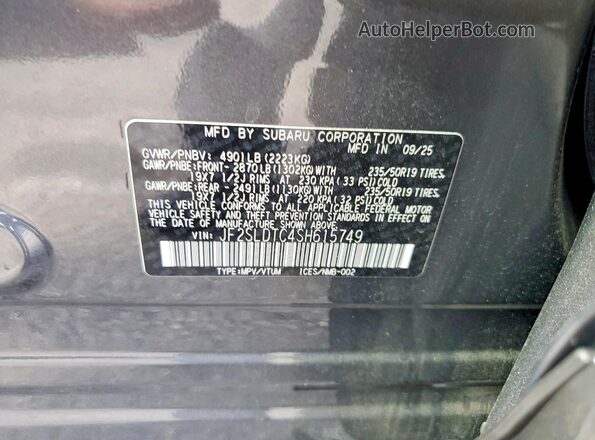 JF2SLDTC4SH615749 2025 SUBARU FORESTER Charcoal VIN sticker view