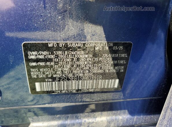 JF2SLSED1SH403918 2025 SUBARU FORESTER Blue VIN կոդի պիտակի տեսք