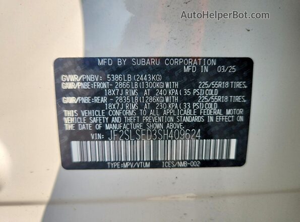 JF2SLSED3SH409624 2025 SUBARU FORESTER White Панорамний вид салону 360°