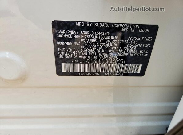 JF2SLSED5SH440051 2025 SUBARU FORESTER White Սալոնի 360 աստիճան տեսք
