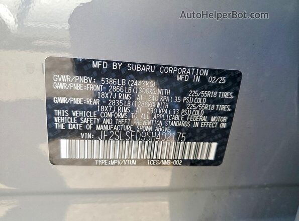 JF2SLSED9SH402175 2025 SUBARU FORESTER Gray VIN sticker view
