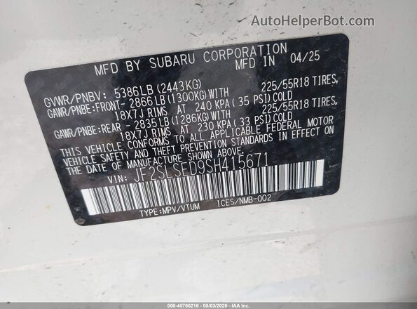 JF2SLSED9SH415671 2025 SUBARU FORESTER White Engine compartment view