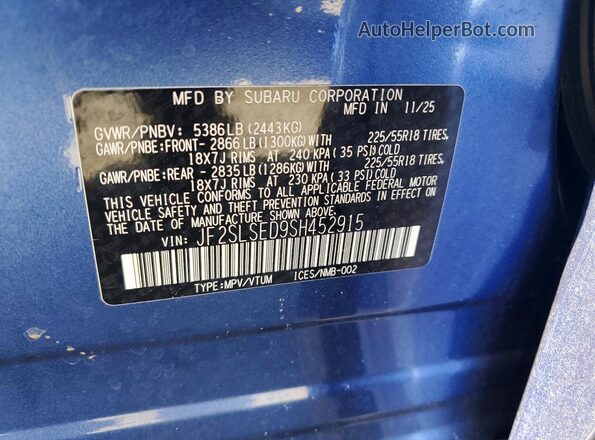 JF2SLSED9SH452915 2025 SUBARU FORESTER Blue VIN կոդի պիտակի տեսք
