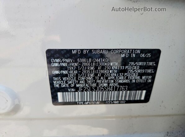 JF2SLSJD5SH417763 2025 SUBARU FORESTER White VIN sticker view