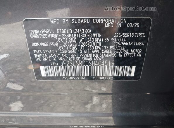 JF2SLSRD0SH404519 2025 SUBARU FORESTER Gray Вид підкапотного простору