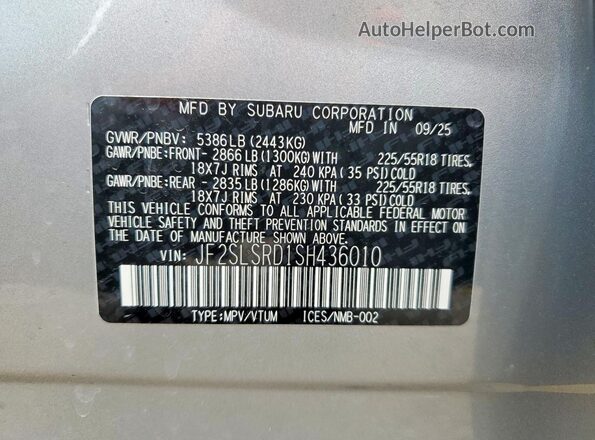 JF2SLSRD1SH436010 2025 SUBARU FORESTER Silver Vista de la etiqueta del VIN