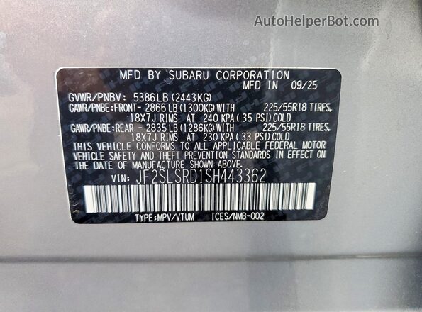 JF2SLSRD1SH443362 2025 SUBARU FORESTER Silver Vista de la etiqueta del VIN