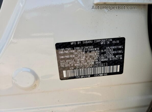 JF2SLSRD4SH408413 2025 SUBARU FORESTER White Vista de la etiqueta del VIN