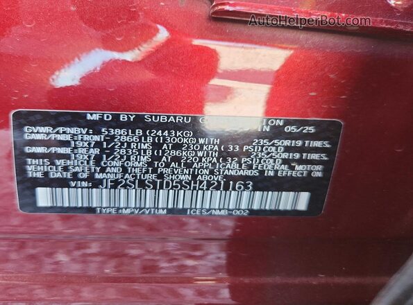 JF2SLSTD5SH421163 2025 SUBARU FORESTER Burgundy 360 interior view