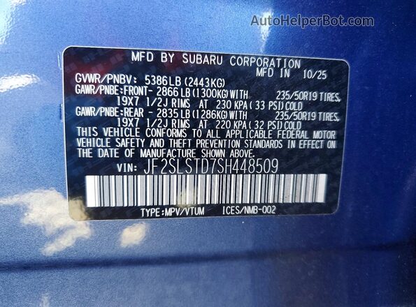 JF2SLSTD7SH448509 2025 SUBARU FORESTER Blue VIN կոդի պիտակի տեսք