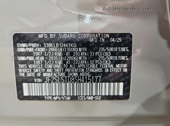 JF2SLSTD8SH415177 2025 SUBARU FORESTER Gray Vista interior de 360 grados