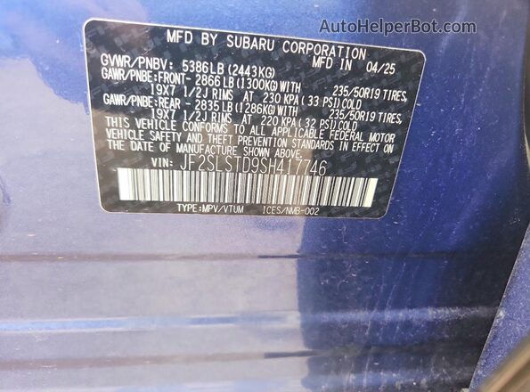 JF2SLSTD9SH417746 2025 SUBARU FORESTER Blue Vista de la etiqueta del VIN