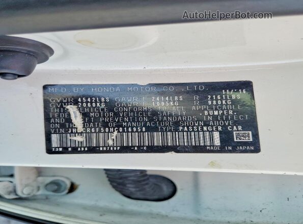 JHMCR6F50HC016958 2017 HONDA ACCORD White VIN կոդի պիտակի տեսք