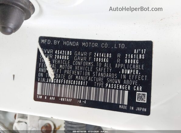 JHMCR6F58HC030817 2017 HONDA ACCORD White Widok komory silnika