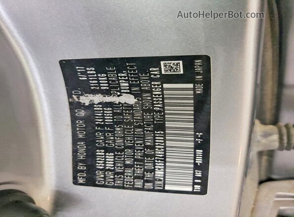 JHMCR6F74HC028015 2017 HONDA ACCORD Silver Vista de la etiqueta del VIN