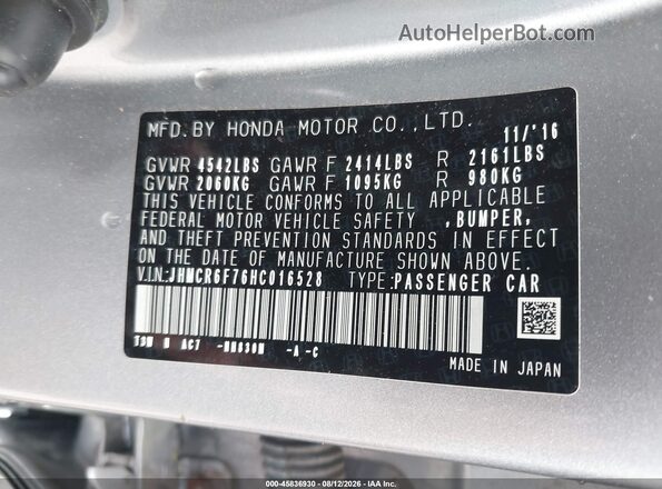 JHMCR6F76HC016528 2017 HONDA ACCORD Silver Vista del compartimento del motor