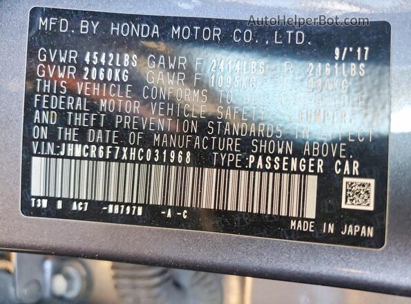 JHMCR6F7XHC031968 2017 HONDA ACCORD Charcoal Вид наклейки з VIN-кодом