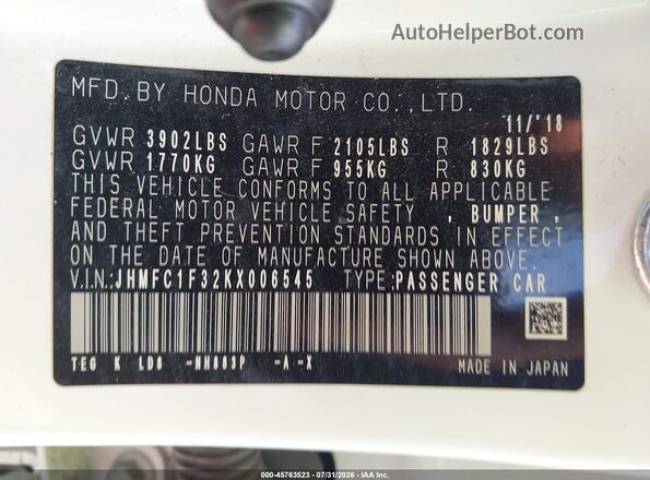 JHMFC1F32KX006545 2019 HONDA CIVIC White Вид підкапотного простору