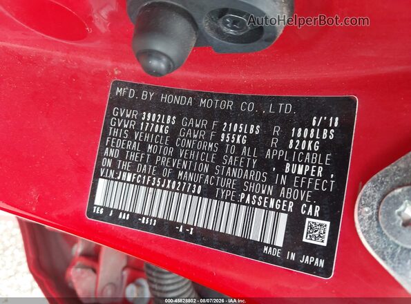 JHMFC1F35JX027730 2018 HONDA CIVIC Red Widok komory silnika