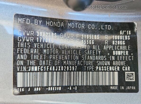 JHMFC1F48JX029397 2018 HONDA CIVIC Silver VIN კოდის სტიკერის ხედი