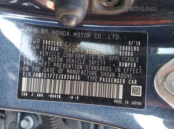 JHMFC1F72JX038655 2018 HONDA CIVIC Charcoal Вид наклейки з VIN-кодом