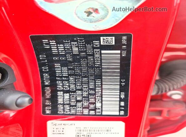 JHMFC1F74JX013885 2018 HONDA CIVIC Red VIN კოდის სტიკერის ხედი