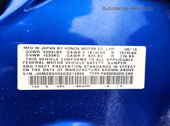 JHMGK5H56GS013855 2016 HONDA FIT Blue Вид підкапотного простору