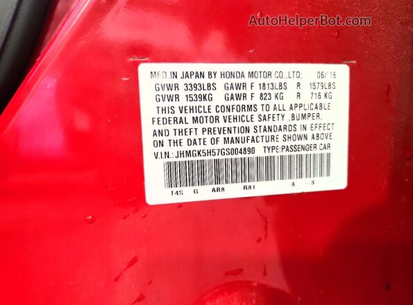JHMGK5H57GS004890 2016 HONDA FIT Red Widok komory silnika