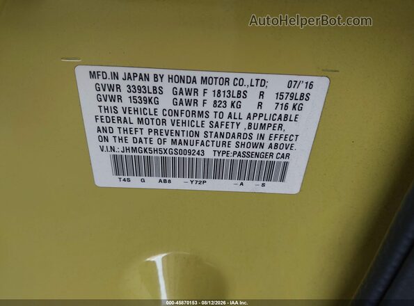 JHMGK5H5XGS009243 2016 HONDA FIT Yellow Շարժիչի բաժամունքի տեսք