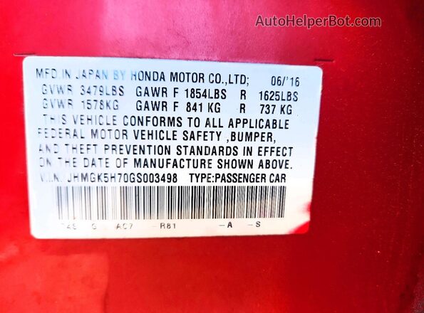 JHMGK5H70GS003498 2016 HONDA FIT Red ძრავის განყოფილების ხედი