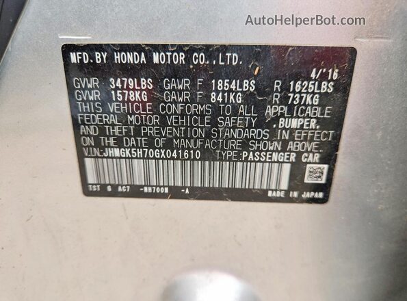 JHMGK5H70GX041610 2016 HONDA FIT Silver Vista de la etiqueta del VIN