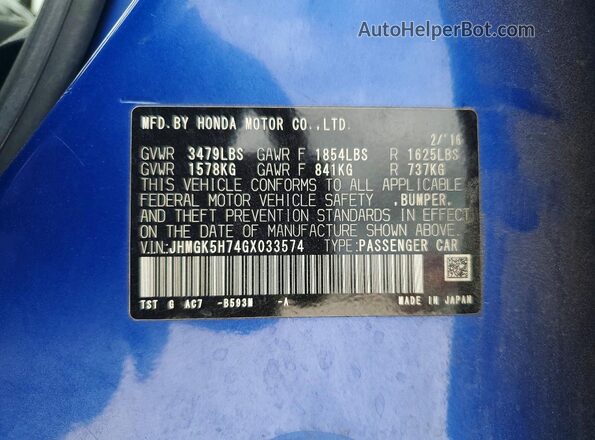 JHMGK5H74GX033574 2016 HONDA FIT Blue Widok komory silnika