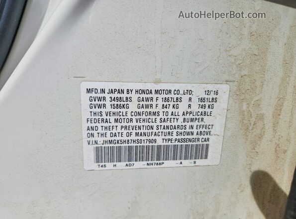 JHMGK5H87HS017909 2017 HONDA FIT White Widok komory silnika