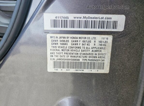 JHMGK5H89HS008306 2017 HONDA FIT Gray Widok naklejki z numerem VIN
