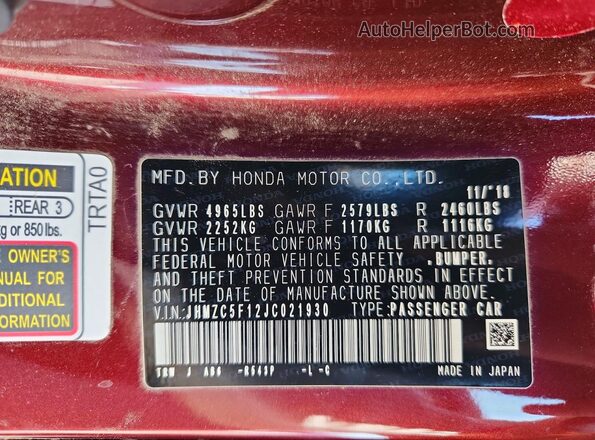 JHMZC5F12JC021930 2018 HONDA CLARITY Maroon Вид наклейки з VIN-кодом