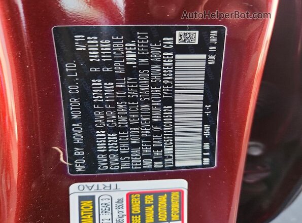 JHMZC5F12KC005826 2019 HONDA CLARITY Burgundy VIN sticker view