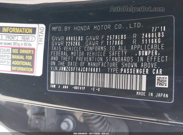 JHMZC5F14JC016681 2018 HONDA CLARITY Black Widok komory silnika