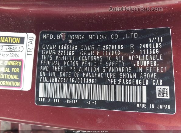 JHMZC5F16JC013961 2018 HONDA CLARITY Burgundy Вид підкапотного простору