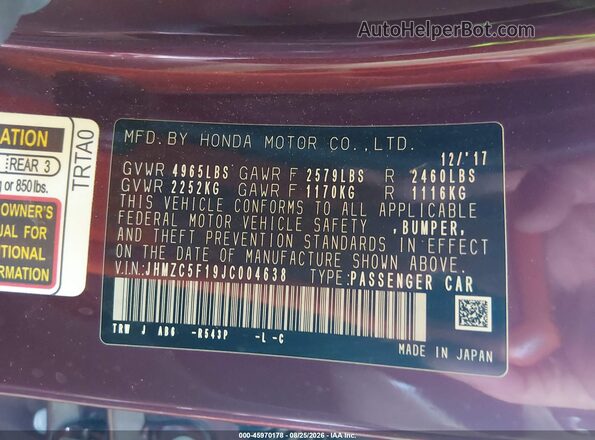 JHMZC5F19JC004638 2018 HONDA CLARITY Burgundy Widok komory silnika
