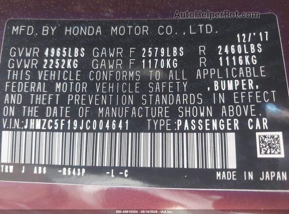 JHMZC5F19JC004641 2018 HONDA CLARITY Maroon Widok komory silnika