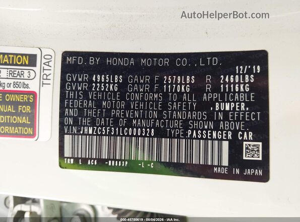 JHMZC5F31LC000328 2020 HONDA CLARITY White Вид підкапотного простору